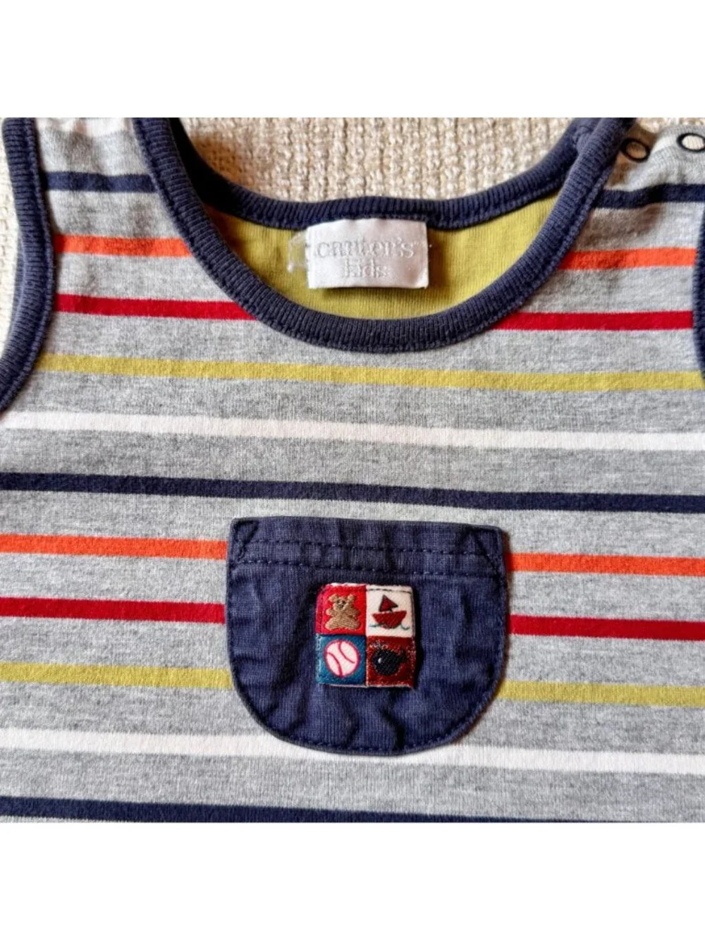 Vintage Carters Baby Boy 12-18 Month Romper Striped Gray Navy Blue Cotton